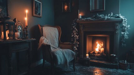 Cozy Winter Retreat: Muted Cyberpunk Neo-Noir Style Armchair by the Fireplace