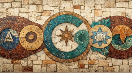 Fototapeta premium Wall mural displays religious symbols like the cross, crescent, Om, and Star of David, intertwined to show harmony and peaceful coexistence among diverse cultures.