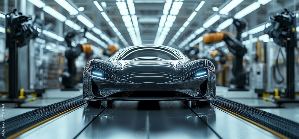 Poster a black sports car moves down an assembly line in an automated factory.
