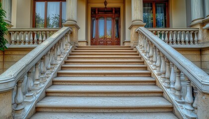 Obraz premium A grand staircase leading to an elegant entrance, showcasing architectural details and inviting ambiance.