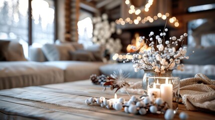 Cozy winter cabin interior with fireplace
