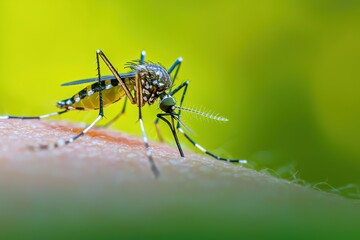 A close-up of a mosquito feeding on skin, highlighting its intricate features and the natural environment.