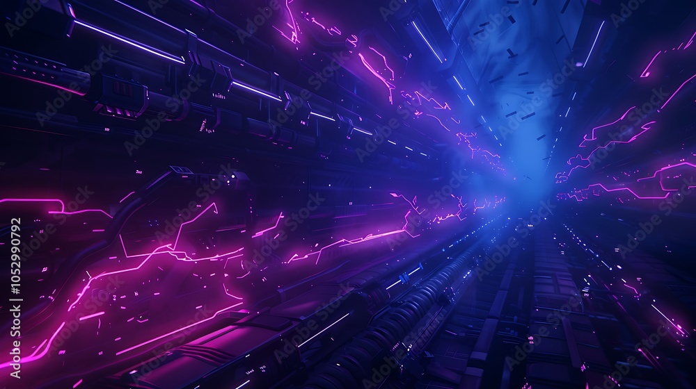 Poster futuristic industry 4.0 factory where ai and robotic systems manage neon-lit production in real time