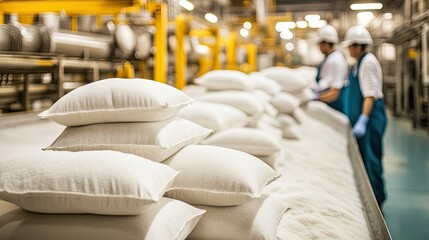 Fototapeta premium Sugar Production Facility with Workers and Bags of Sugar