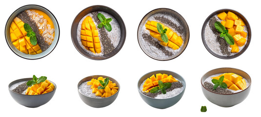 Healthy mango chia seed pudding in various bowls, white isolate background.