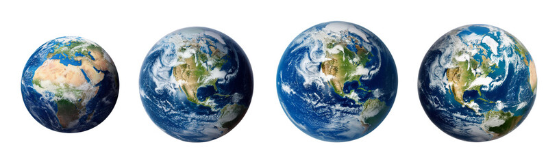 Fototapeta premium Earth globes showing different perspectives on a white isolated background.