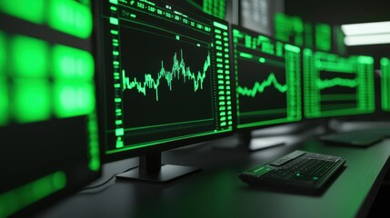 Fototapeta premium A modern trading setup displays multiple monitors with green financial charts and data, reflecting market trends and analytics in a tech-savvy environment.