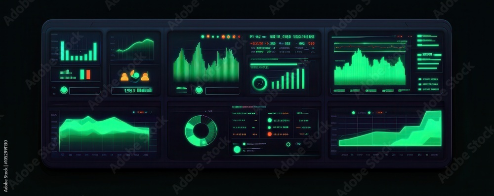Poster a futuristic digital dashboard displaying various graphs and metrics in green tones, ideal for data 