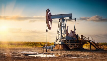 Oil drilling derrick pumps oil from ground. Petroleum industry, crude oil extraction. Production of fuel from natural resources.