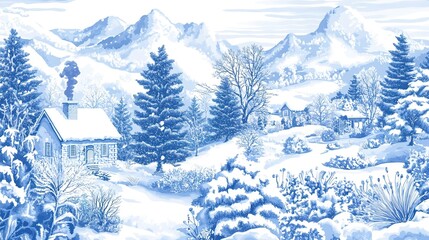 Fototapeta premium Tranquil Winter Landscape with Snow-Covered Pine Trees and a Cozy House, Featuring Mountains in the Distance and Frosted Plants in the Foreground Against a Crisp, Blue Sky