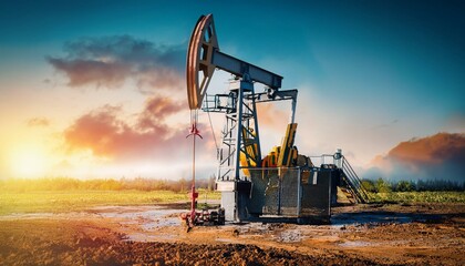 Oil drilling derrick pumps oil from ground. Petroleum industry, crude oil extraction. Production of fuel from natural resources.