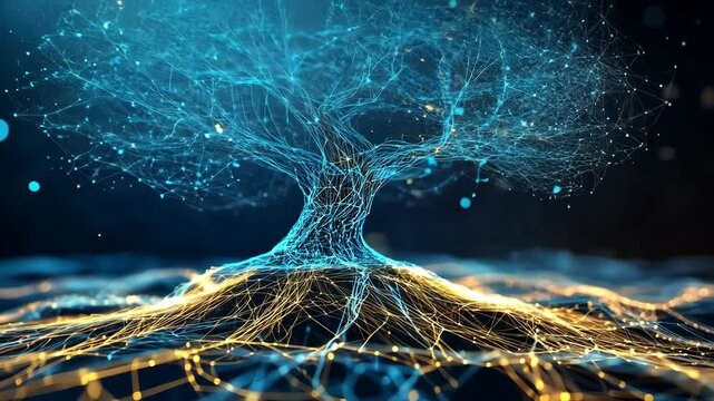 A blue and gold digital tree stands against a dark blue background, representing the interconnectedness of data and information