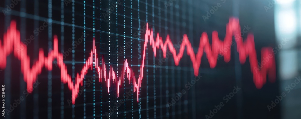 Poster the image displays a red line graph fluctuating on a dark background, representing data trends or pe