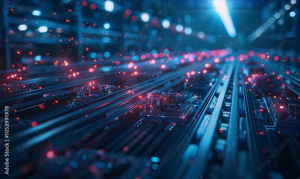 Poster High-Tech Industrial Hub With AI Systems Controlling Autonomous Robots Producing Complex Machinery Under Neon Lights