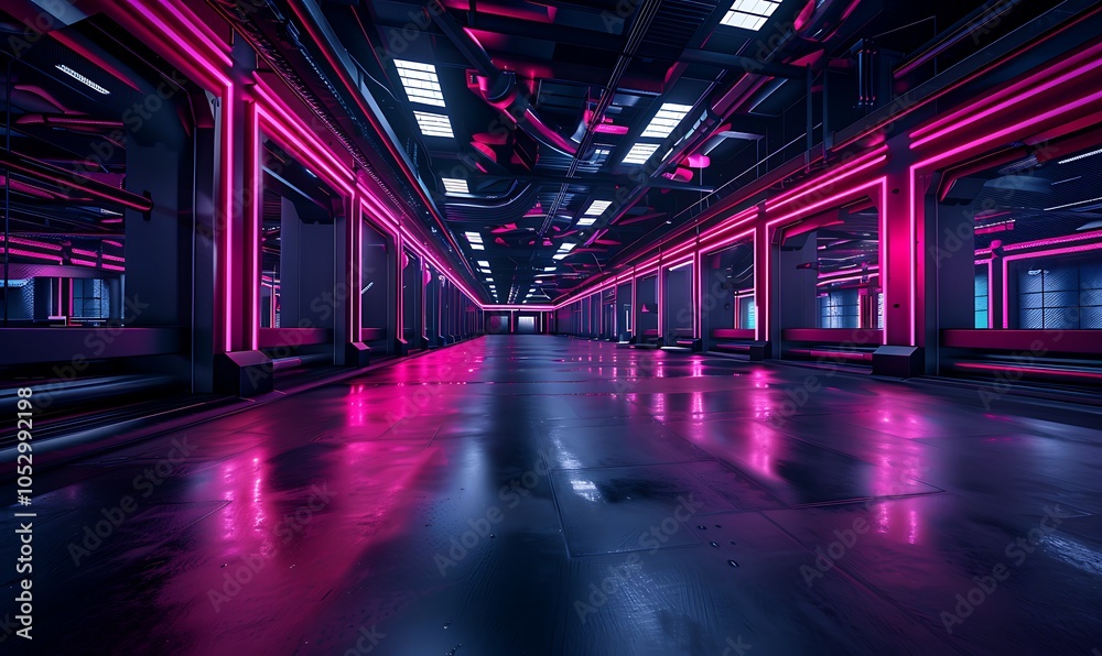 Poster High-Tech Industrial Hub With AI Systems Controlling Autonomous Robots Producing Complex Machinery Under Neon Lights