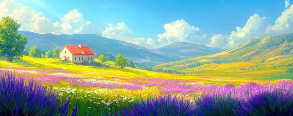 Fototapeta premium Picturesque Anime-Inspired Countryside Landscape
