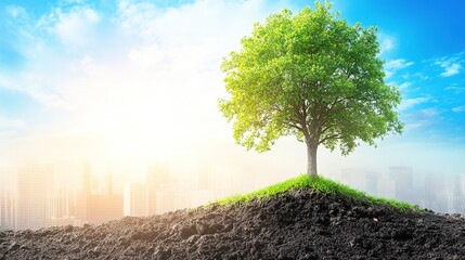 Obraz premium Green Tree Growing on Soil in Front of Cityscape