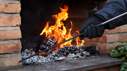 person wearing glove is tending to fire in brick fireplace, using metal rod to adjust burning logs. flames create warm and inviting atmosphere