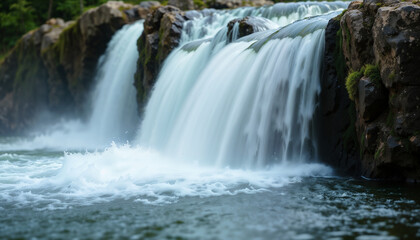 Fototapeta premium Forest Waterfall Cascading Through Lush Green Wilderness with Sunlight Filtering Through Trees