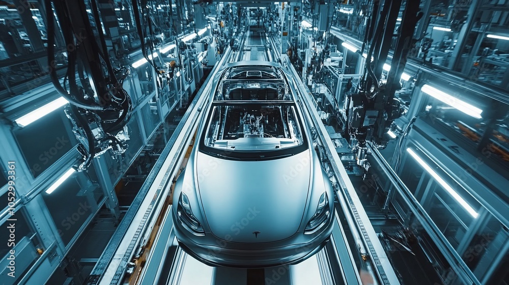 Aufkleber a car chassis being assembled on an automated production line in a factory.