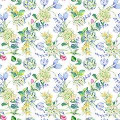 Watercolor seamless pattern with garden flowers: hydrangea, crocus, tulip and other flowers