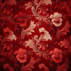 Fototapeta premium A rich red floral wallpaper pattern in a baroque Victorian style with grunge texture, ideal for creating an antique, luxurious ambiance.