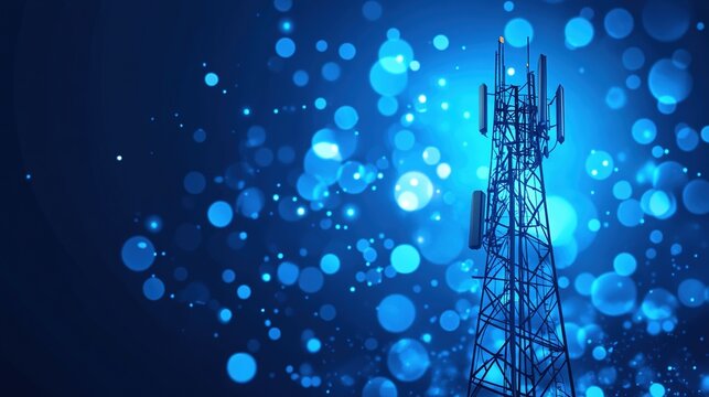 Cellular Tower Silhouette with Blue Bokeh Lights