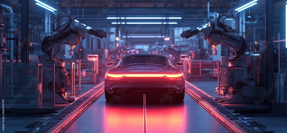 Aufkleber A car moves down an automated assembly line, with robotic arms working on either side of the vehicle.