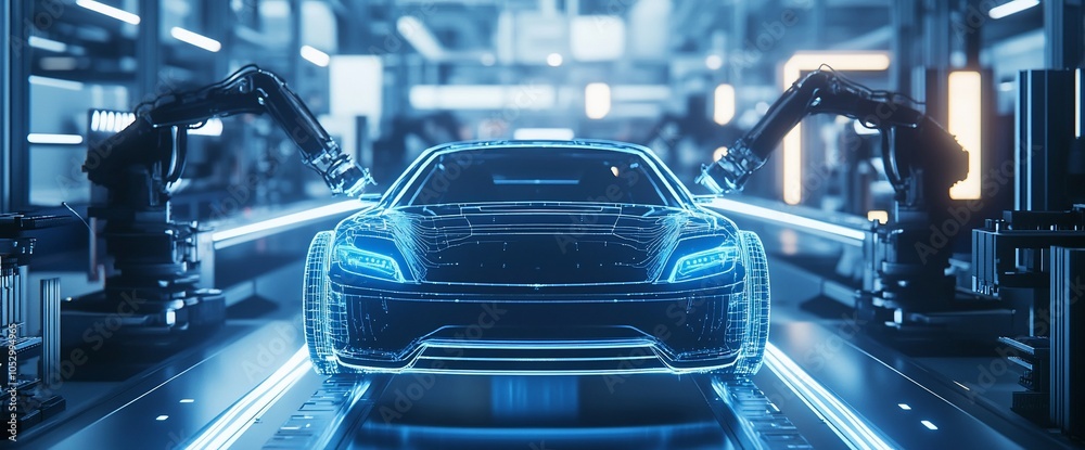 Poster a car on an automated assembly line, with robotic arms in the background.