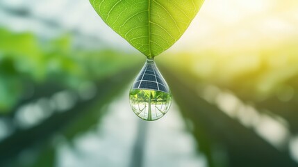 Solar panel reflected inside water droplet hanging from green leaf symbolizing clean energy and sustainability