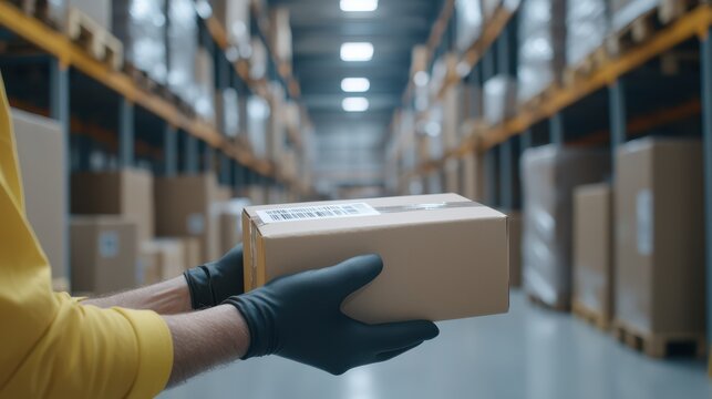 Warehouse worker wearing gloves handling package box inside storage facility for logistics and supply chain management