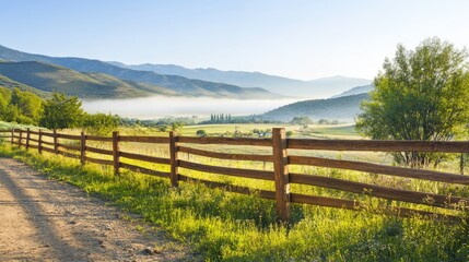 Serene Countryside Landscape with Rustic Wooden Fence