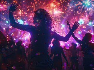 Craft an electrifying visual that highlights the energy and excitement of a music and dance festival Feature silhouettes of people dancing under 