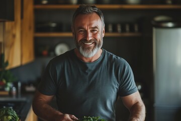Fototapeta premium Smiling Mature Man Holding Vegetables in Kitchen
