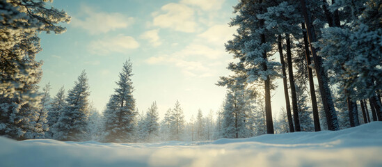 Fototapeta premium Snow-covered evergreen forest under a clear blue sky with gentle snowfall