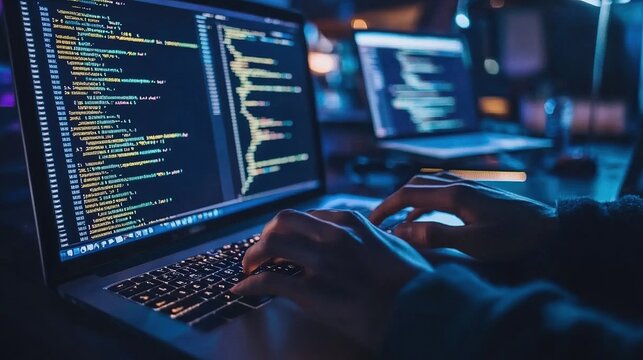 Closeup of Programmer s Hands Typing Code on Laptop