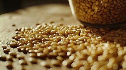 Obraz premium Pine Nuts Spilled on Wooden Surface in Soft Light