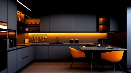 Modern Kitchen Design: A sleek and stylish kitchen with dark grey cabinetry, warm lighting, and a minimalist design. The space features a breakfast nook with orange chairs and a modern countertop.  