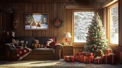 A country living room decorated with Christmas decorations, with a Christmas tree, gift boxes, a bear, and light coming in through a window on the right.