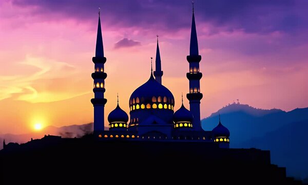 Silhouette of mosque at sunset sky background with copy space for Ramadan Kareem celebration, Iftar party banner template design. Illustration of Islamic holy month on mountain top. ,copy space,