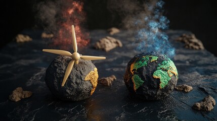 Wind Turbine and Earth Globe with Smoke  Sustainability Concept