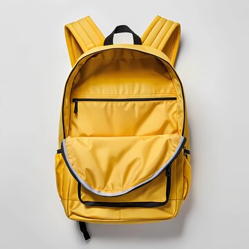 Yellow school backpack isolated on gray  background