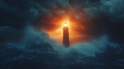 A stormy night surrounds a brightly glowing lighthouse, its light guiding ships through fierce winds and crashing waves. lighthouse storm, sea navigation