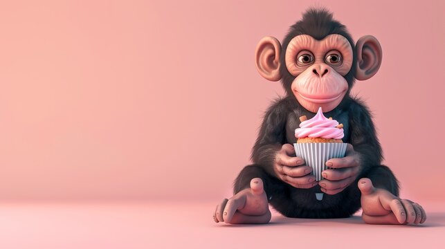 A cartoon chimp holding a cupcake.
