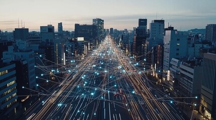 Fototapeta premium Urban Network Cityscape with Connected Lights at Dusk