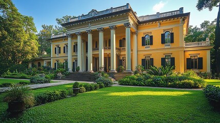 Obraz premium A large yellow mansion with a white columned portico and black shutters sits on a manicured lawn.