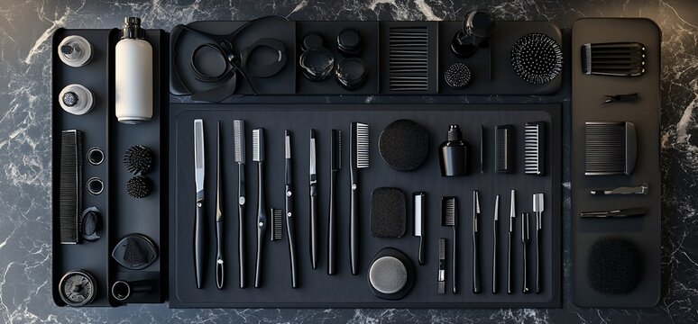 A collection of black grooming tools, including brushes, combs, scissors, and razors, are arranged on a black surface.