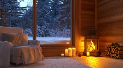 Fototapeta premium Cozy Rustic Cabin Interior with Warm Firelight