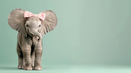 A baby elephant with a pink bow on its head is standing in front of a light green background.