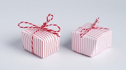 2410_032.candy cane-inspired gift wrapping, striped red and white string forming box shape, delicate bow, seasonal craftsmanship, studio lighting, crisp details, festive simplicity
